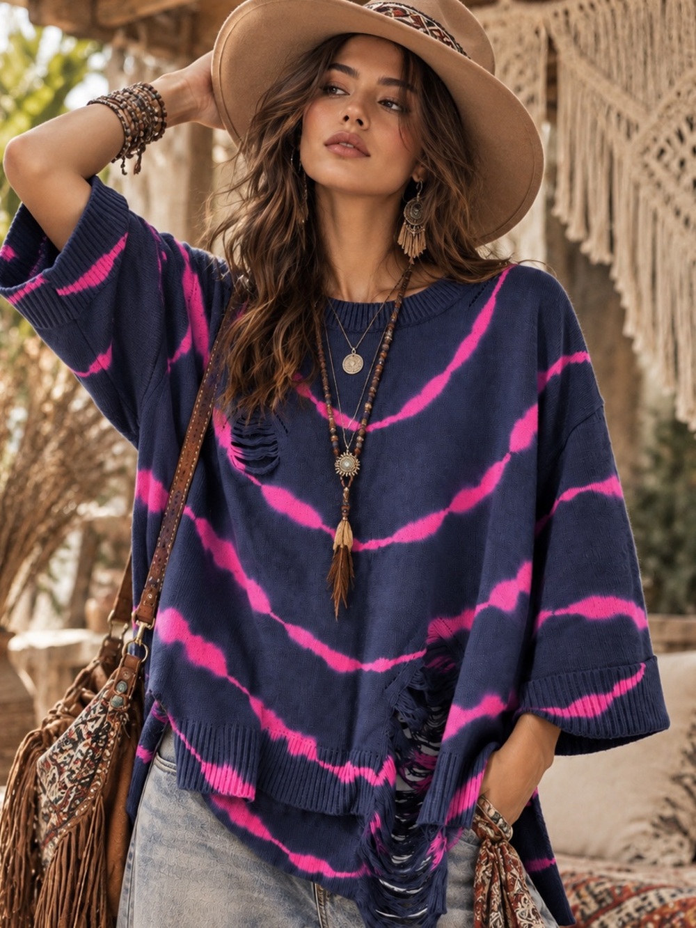 Umgee Tie Dye Distressed Sweater - Oversized Boho - NWT/PKG